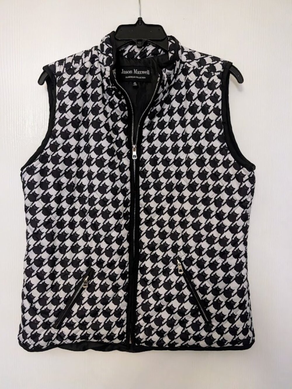 Jason Maxwell black and white cat houndstooth quilted vest Size M